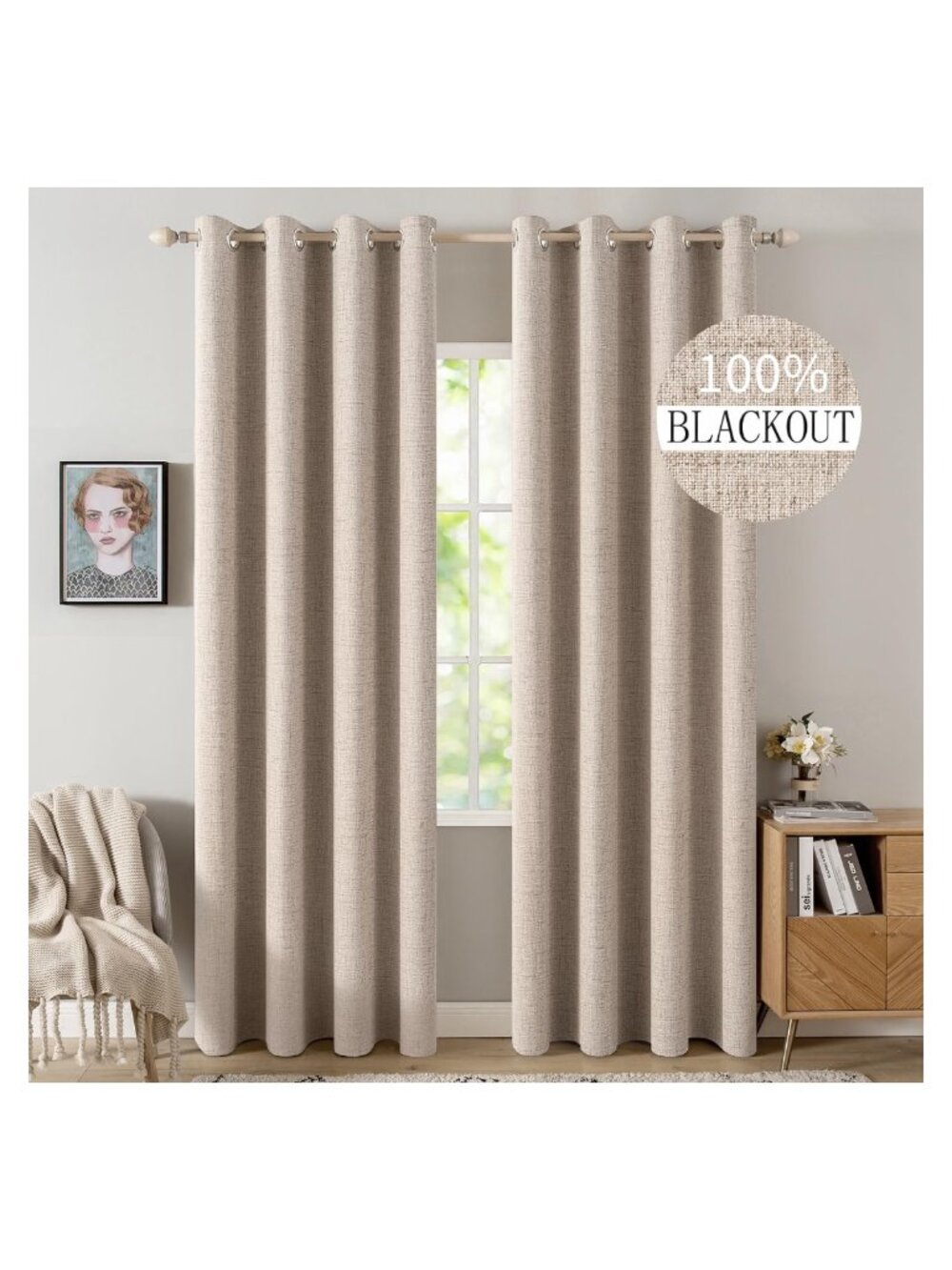 100% Blackout Linen Curtains Grommet Panels 52x84 Bedroom Privacy